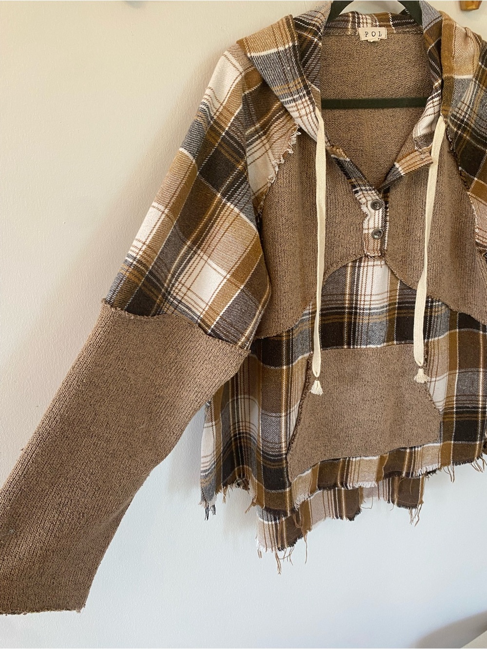POL COOL WEATHER INCLINED PLAID HOODIE IN MOCHA - cabincore - fall - size medium - Picture 7 of 11